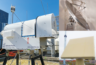 気象レーダー二種と地上マイクロ波放射計の写真